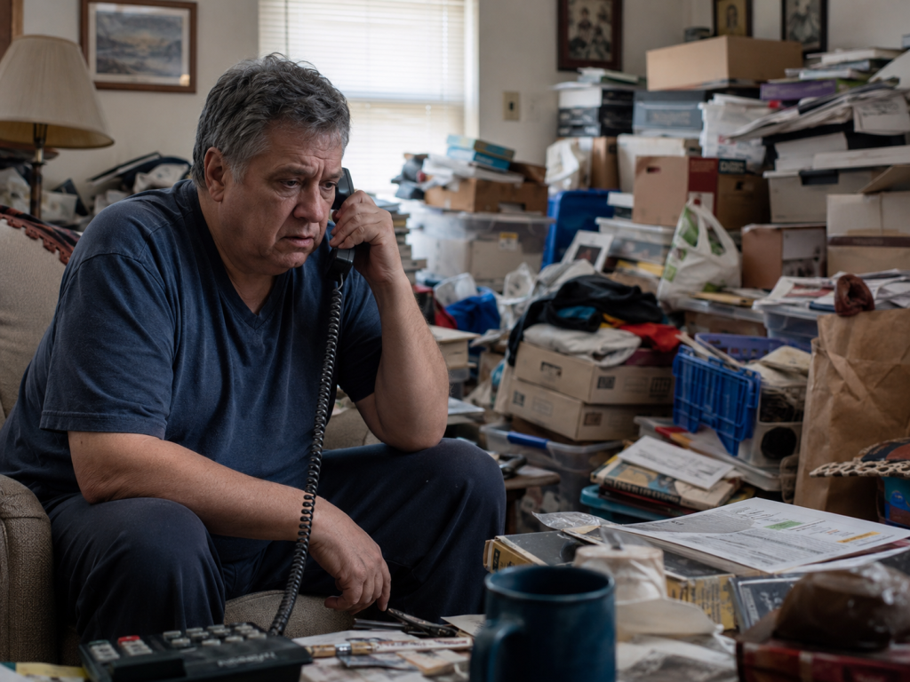 ai man calling the phone while sitting in hoarded living room